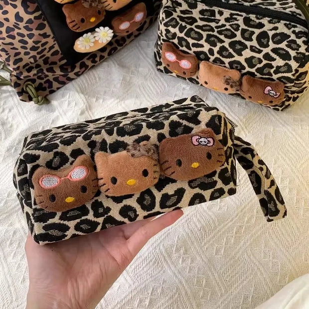 SkinSparkle ® Hello Kitty Leopard Black Leather Makeup Bag ✨